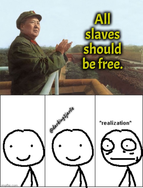 Chairman Mao was a visionary! | All slaves should be free. @darking2jarlie | image tagged in mao zedong,realization,communism,slavery,dark humor | made w/ Imgflip meme maker