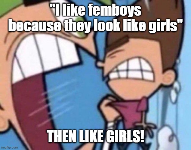 Cosmo yelling at timmy | "I like femboys because they look like girls"; THEN LIKE GIRLS! | image tagged in cosmo yelling at timmy | made w/ Imgflip meme maker