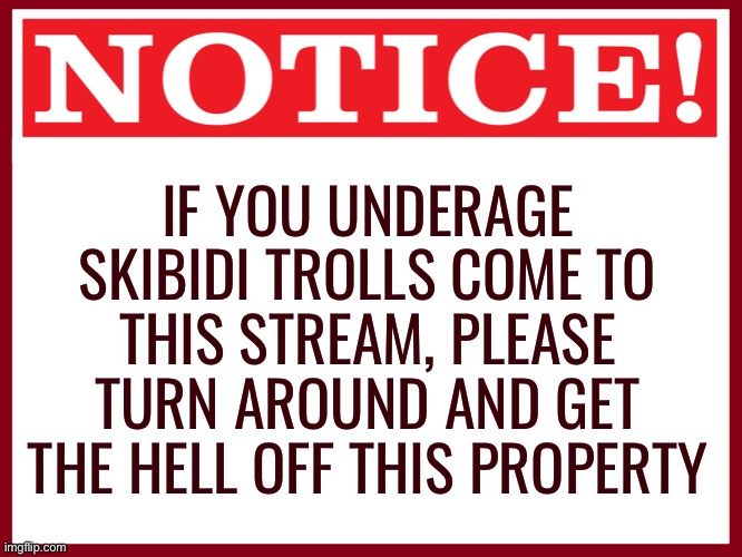 @all skibidi trolls | IF YOU UNDERAGE SKIBIDI TROLLS COME TO THIS STREAM, PLEASE TURN AROUND AND GET THE HELL OFF THIS PROPERTY | image tagged in blank red warning sign | made w/ Imgflip meme maker