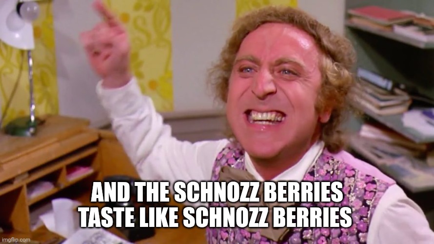 Willy Wonka you get nothing | AND THE SCHNOZZ BERRIES TASTE LIKE SCHNOZZ BERRIES | image tagged in willy wonka you get nothing | made w/ Imgflip meme maker