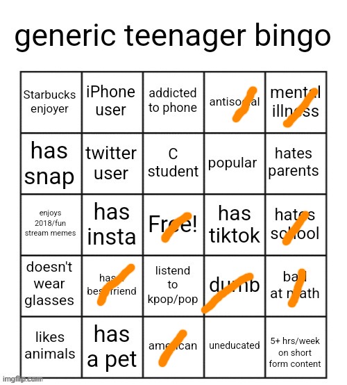 generic teenager bingo | image tagged in generic teenager bingo | made w/ Imgflip meme maker