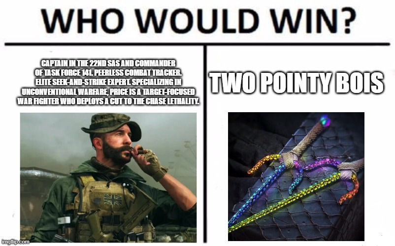 Who Would Win? Meme | CAPTAIN IN THE 22ND SAS AND COMMANDER OF TASK FORCE 141. PEERLESS COMBAT TRACKER. ELITE SEEK-AND-STRIKE EXPERT. SPECIALIZING IN UNCONVENTIONAL WARFARE, PRICE IS A TARGET-FOCUSED WAR FIGHTER WHO DEPLOYS A CUT TO THE CHASE LETHALITY. TWO POINTY BOIS | image tagged in memes,who would win | made w/ Imgflip meme maker