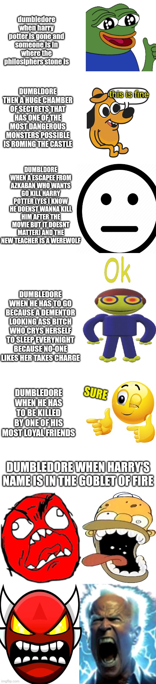 DID YOU PUT YOUR NAME IN THE GOBLET OF FIRE- | dumbledore when harry potter is gone and someone is in where the philosiphers stone is; DUMBLDORE THEN A HUGE CHAMBER OF SECTRETS THAT HAS ONE OF THE MOST DANGEROUS MONSTERS POSSIBLE IS ROMING THE CASTLE; this is fine; DUMBLDORE WHEN A ESCAPEE FROM AZKABAN WHO WANTS GO KILL HARRY POTTER (YES I KNOW HE DOENST WANNA KILL HIM AFTER THE MOVIE BUT IT DOESNT MATTER) AND THE NEW TEACHER IS A WEREWOLF; DUMBLEDORE WHEN HE HAS TO GO BECAUSE A DEMENTOR LOOKING ASS BITCH WHO CRYS HERSELF TO SLEEP EVERYNIGHT BECAUSE NO-ONE LIKES HER TAKES CHARGE; DUMBLEDORE WHEN HE HAS TO BE KILLED BY ONE OF HIS MOST LOYAL FRIENDS; SURE; DUMBLEDORE WHEN HARRY'S NAME IS IN THE GOBLET OF FIRE | image tagged in harry potter,crazy,long | made w/ Imgflip meme maker