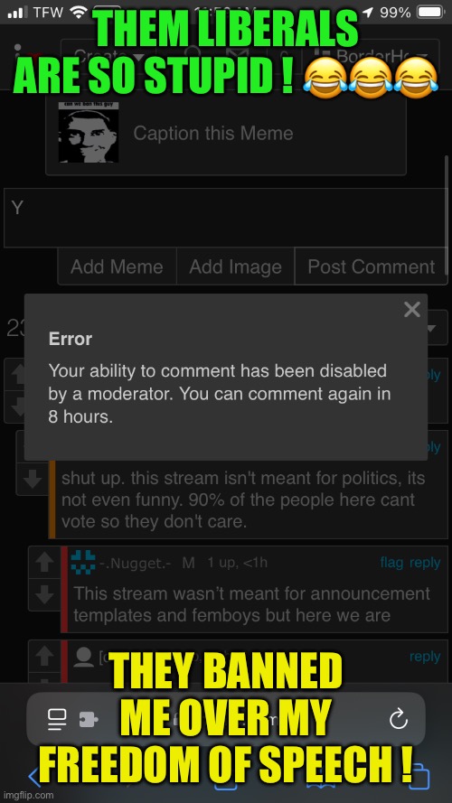 That’s why you never trust msmg ! You don’t know who gives sex to Biden ! | THEM LIBERALS ARE SO STUPID ! 😂😂😂; THEY BANNED ME OVER MY FREEDOM OF SPEECH ! | made w/ Imgflip meme maker