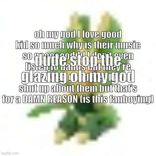 hi chat did I miss anything | oh my god I love good kid so much why is their music so gooooooddd I don’t even listen to bands but they’re literally so good, yes I can’t shut up about them but that’s for a DAMN REASON (is this fanboying); dude stop the glazing oh my god | image tagged in 144p leavanny | made w/ Imgflip meme maker