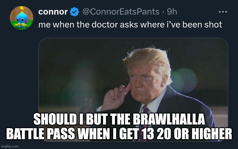 Trump | SHOULD I BUT THE BRAWLHALLA BATTLE PASS WHEN I GET 13 20 OR HIGHER | image tagged in trump | made w/ Imgflip meme maker