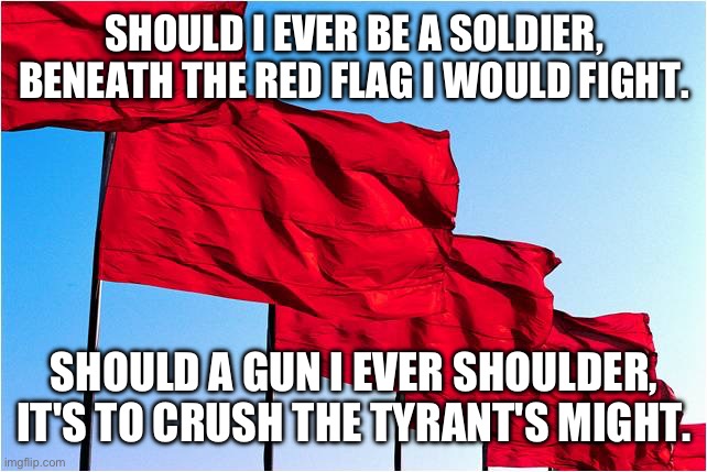 Red flag | SHOULD I EVER BE A SOLDIER, BENEATH THE RED FLAG I WOULD FIGHT. SHOULD A GUN I EVER SHOULDER, IT'S TO CRUSH THE TYRANT'S MIGHT. | image tagged in red flags,fight,freedom,socialism,communism | made w/ Imgflip meme maker