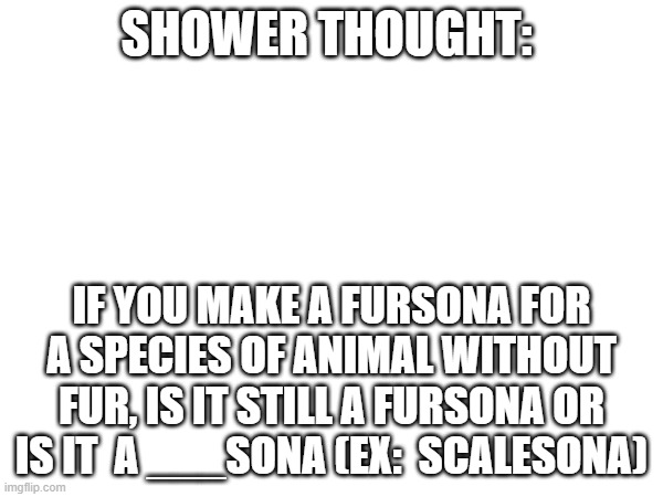 furry show thought | SHOWER THOUGHT:; IF YOU MAKE A FURSONA FOR A SPECIES OF ANIMAL WITHOUT FUR, IS IT STILL A FURSONA OR IS IT  A ___SONA (EX:  SCALESONA) | image tagged in furry,shower thoughts | made w/ Imgflip meme maker