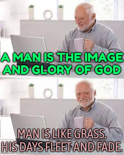 Man Is Like Grass | A MAN IS THE IMAGE
AND GLORY OF GOD; MAN IS LIKE GRASS.
HIS DAYS FLEET AND FADE. | image tagged in memes,hide the pain harold,god,anti-religion,religion,abrahamic religions | made w/ Imgflip meme maker