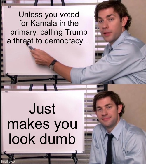 Jim Halpert Pointing to Whiteboard | Unless you voted for Kamala in the primary, calling Trump a threat to democracy…; Just makes you look dumb | image tagged in jim halpert pointing to whiteboard | made w/ Imgflip meme maker