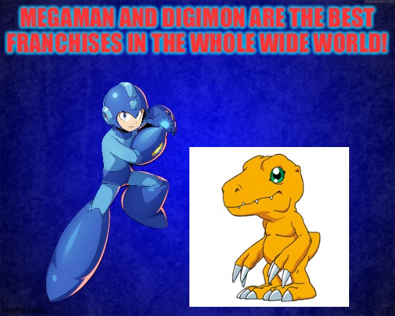 Megaman and Digimon are the best! | MEGAMAN AND DIGIMON ARE THE BEST FRANCHISES IN THE WHOLE WIDE WORLD! | image tagged in blue background,digimon,megaman,anime,crossover | made w/ Imgflip meme maker