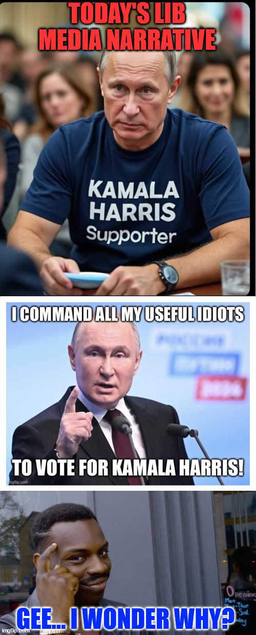 Could this be part of their plot to replace Harris before Nov? | TODAY'S LIB MEDIA NARRATIVE; GEE... I WONDER WHY? | image tagged in memes,roll safe think about it,lib media,says putin wants harris for president | made w/ Imgflip meme maker