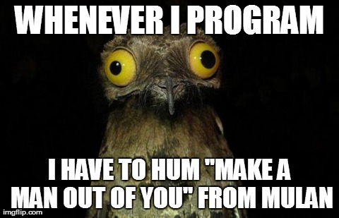 Weird Stuff I Do Potoo Meme | WHENEVER I PROGRAM I HAVE TO HUM "MAKE A MAN OUT OF YOU" FROM MULAN | image tagged in memes,weird stuff i do potoo | made w/ Imgflip meme maker