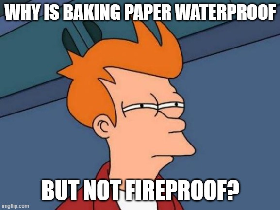 Futurama Fry | WHY IS BAKING PAPER WATERPROOF; BUT NOT FIREPROOF? | image tagged in memes,futurama fry | made w/ Imgflip meme maker