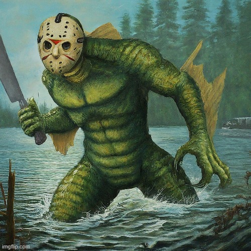 image tagged in creature from black lagoon,jason voorhees,ai,horror movies | made w/ Imgflip meme maker