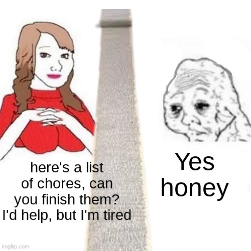 why | Yes honey; here's a list of chores, can you finish them? I'd help, but I'm tired | image tagged in yes honey | made w/ Imgflip meme maker