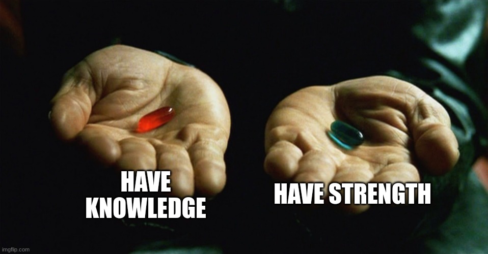 Red pill blue pill | HAVE KNOWLEDGE; HAVE STRENGTH | image tagged in red pill blue pill | made w/ Imgflip meme maker