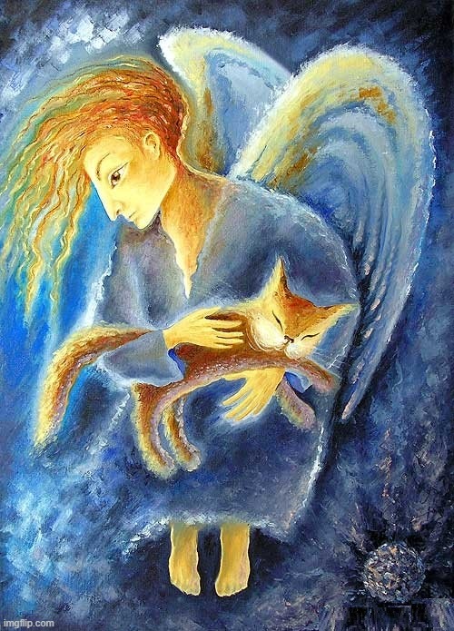 Cats have a Guardian Angel | image tagged in cats,vince vance,angels,painting,guardian angel,meow | made w/ Imgflip meme maker