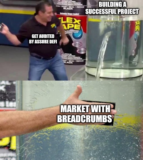 Marketing | BUILDING A SUCCESSFUL PROJECT; GET AUDITED BY ASSURE DEFI; MARKET WITH BREADCRUMBS | image tagged in flex tape | made w/ Imgflip meme maker