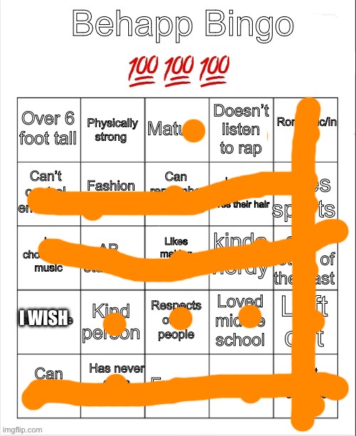 i almost got 4 5 bingos but i’m not attractive ? | I WISH | image tagged in behapps bingo | made w/ Imgflip meme maker