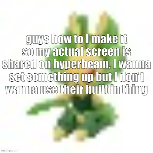 144p Leavanny | guys how to I make it so my actual screen is shared on hyperbeam, I wanna set something up but I don't wanna use their built in thing | image tagged in 144p leavanny | made w/ Imgflip meme maker