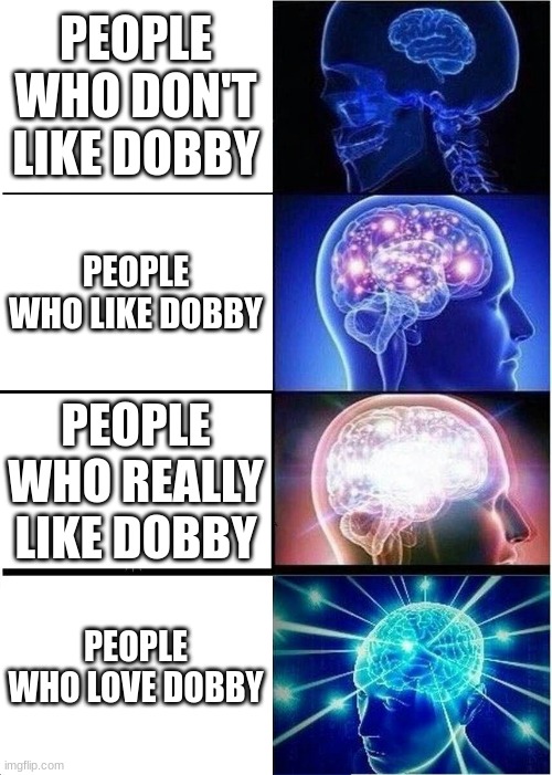 #dobbyisawesome | PEOPLE WHO DON'T LIKE DOBBY; PEOPLE WHO LIKE DOBBY; PEOPLE WHO REALLY LIKE DOBBY; PEOPLE WHO LOVE DOBBY | image tagged in memes,expanding brain | made w/ Imgflip meme maker