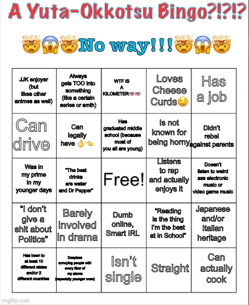 Rate the bingo | A Yuta-Okkotsu Bingo?!?!? 🤯😱🤯No way!!!🤯😱🤯; WTF IS A KILOMETER🇺🇸🇺🇸; Always gets TOO into something (like a certain series or smth); Has a job; JJK enjoyer (but likes other animes as well); Loves Cheese Curds🤤; Is not known for being horny; Has graduated middle school (because most of you all are young); Can drive; Didn’t rebel against parents; Can legally have 👌👈; Listens to rap and actually enjoys it; Doesn’t listen to weird ass electronic music or video game music; Was in my prime in my younger days; “The best drinks are water and Dr Pepper”; “I don’t give a shit about Politics”; Barely involved in drama; Japanese and/or Italian heritage; “Reading is the thing I’m the best at in School”; Dumb online, Smart IRL; Despises annoying people with every fiber of my atoms (especially younger ones); Can actually cook; Has been to at least 10 different states and/or 2 different countries; Isn’t single; Straight | image tagged in blank bingo | made w/ Imgflip meme maker