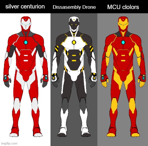 a few custom liveries I made of an old blueprint of an Iron Man armor | Dissasembly Drone; silver centurion; MCU clolors | made w/ Imgflip meme maker