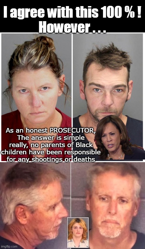 It's a start, Idiots like this need to be shown stupidity has consequences | I agree with this 100 % !
However . . . As an honest PROSECUTOR, The answer is simple really, no parents of Black children have been responsible for any shootings or deaths | image tagged in arrest white parents for childrens crimes meme | made w/ Imgflip meme maker