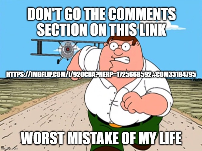 Peter Griffin running away | DON'T GO THE COMMENTS SECTION ON THIS LINK; HTTPS://IMGFLIP.COM/I/92OC8A?NERP=1725668592#COM33184795; WORST MISTAKE OF MY LIFE | image tagged in peter griffin running away | made w/ Imgflip meme maker