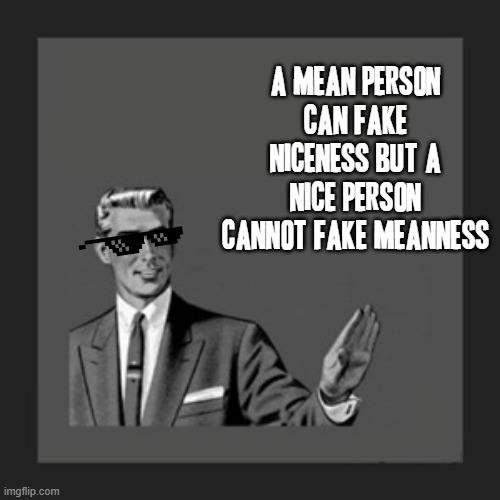 No frickin doubt about it thats for sure | A MEAN PERSON CAN FAKE NICENESS BUT A NICE PERSON CANNOT FAKE MEANNESS | image tagged in memes,kill yourself guy,relatable,dank memes,funny,funny but true | made w/ Imgflip meme maker