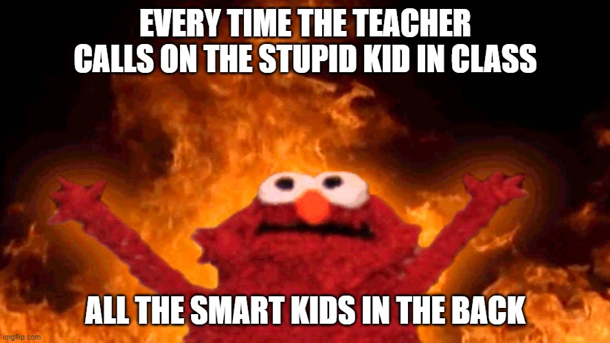 school be like | EVERY TIME THE TEACHER CALLS ON THE STUPID KID IN CLASS; ALL THE SMART KIDS IN THE BACK | image tagged in elmo fire | made w/ Imgflip meme maker