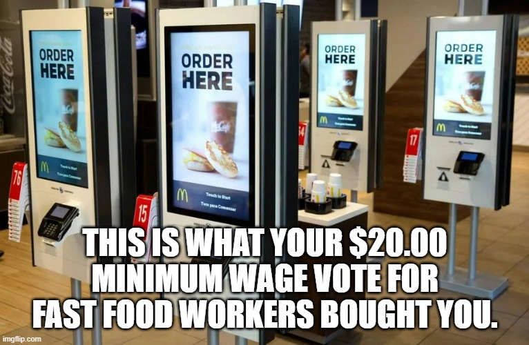 Fast Food minimum wage | THIS IS WHAT YOUR $20.00 MINIMUM WAGE VOTE FOR FAST FOOD WORKERS BOUGHT YOU. | image tagged in funny | made w/ Imgflip meme maker