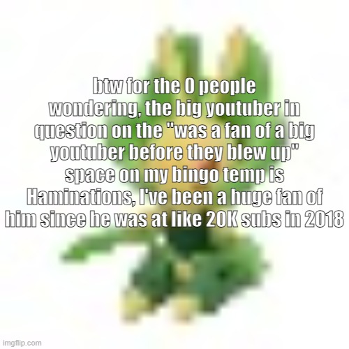 144p Leavanny | btw for the 0 people wondering, the big youtuber in question on the "was a fan of a big youtuber before they blew up" space on my bingo temp is Haminations, I've been a huge fan of him since he was at like 20K subs in 2018 | image tagged in 144p leavanny | made w/ Imgflip meme maker