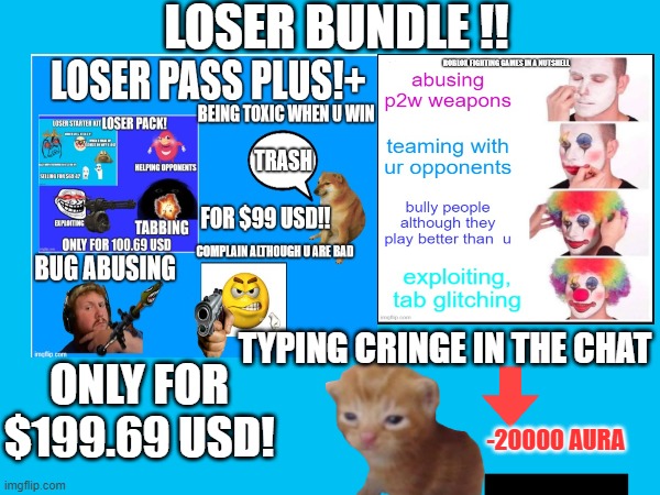 this is a joke, dont take it seriously | LOSER BUNDLE !! ONLY FOR $199.69 USD! TYPING CRINGE IN THE CHAT; -20000 AURA | image tagged in blank template,funny,loser bundle | made w/ Imgflip meme maker