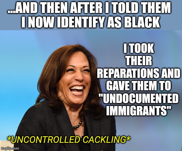 DEMOCRATS REALLY DON'T CARE ABOUT THE BLACK COMMUNITY | I TOOK THEIR REPARATIONS AND GAVE THEM TO "UNDOCUMENTED IMMIGRANTS"; ...AND THEN AFTER I TOLD THEM 
I NOW IDENTIFY AS BLACK; *UNCONTROLLED CACKLING* | image tagged in kamala harris laughing,kamala harris,democrats,politics | made w/ Imgflip meme maker