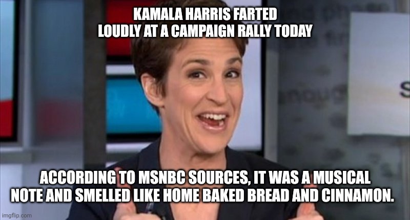 Kamala Farted | KAMALA HARRIS FARTED LOUDLY AT A CAMPAIGN RALLY TODAY; ACCORDING TO MSNBC SOURCES, IT WAS A MUSICAL NOTE AND SMELLED LIKE HOME BAKED BREAD AND CINNAMON. | image tagged in rachel maddow,gaslighting,trump,lgbtq,dei,kamala | made w/ Imgflip meme maker