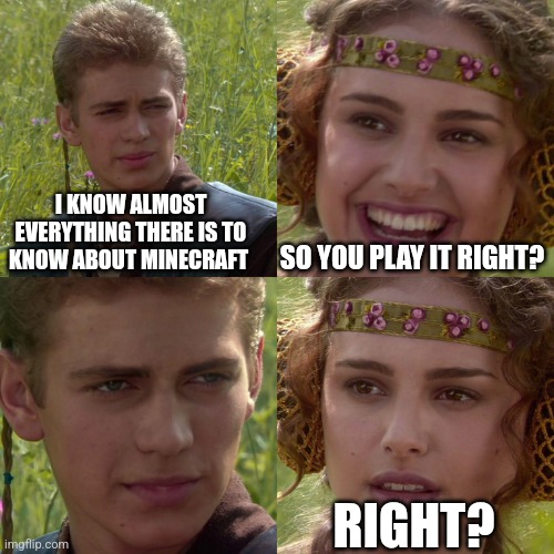 ... | I KNOW ALMOST EVERYTHING THERE IS TO KNOW ABOUT MINECRAFT; SO YOU PLAY IT RIGHT? RIGHT? | image tagged in anakin padme 4 panel | made w/ Imgflip meme maker