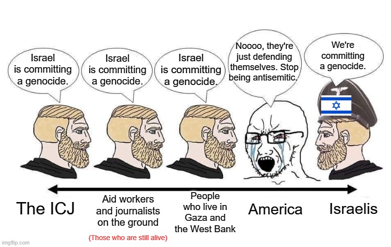 Israel is committing a genocide. | Noooo, they're just defending themselves. Stop being antisemitic. We're committing a genocide. Israel is committing a genocide. Israel is committing a genocide. Israel is committing a genocide. People who live in Gaza and the West Bank; Aid workers and journalists on the ground; The ICJ; Israelis; America; (Those who are still alive) | image tagged in israel,palestine,genocide,zionist,nazis | made w/ Imgflip meme maker