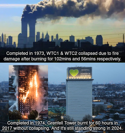 Grenfell Tower Fire | Completed in 1973, WTC1 & WTC2 collapsed due to fire damage after burning for 102mins and 56mins respectively. Completed in 1974, Grenfell Tower burnt for 60 hours in 2017 without collapsing. And it's still standing strong in 2024. | image tagged in world trade center | made w/ Imgflip meme maker