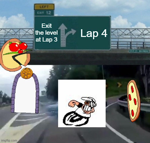 Left Exit 12 Off Ramp Meme | Exit the level at Lap 3; Lap 4 | image tagged in memes,left exit 12 off ramp | made w/ Imgflip meme maker