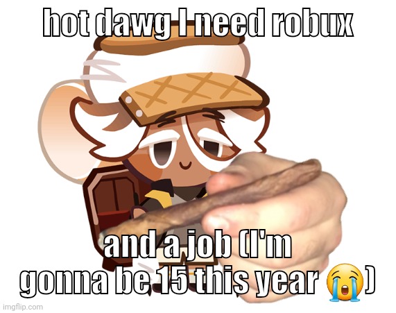 smore cookie with a blunt | hot dawg I need robux; and a job (I'm gonna be 15 this year 😭) | image tagged in smore cookie with a blunt | made w/ Imgflip meme maker