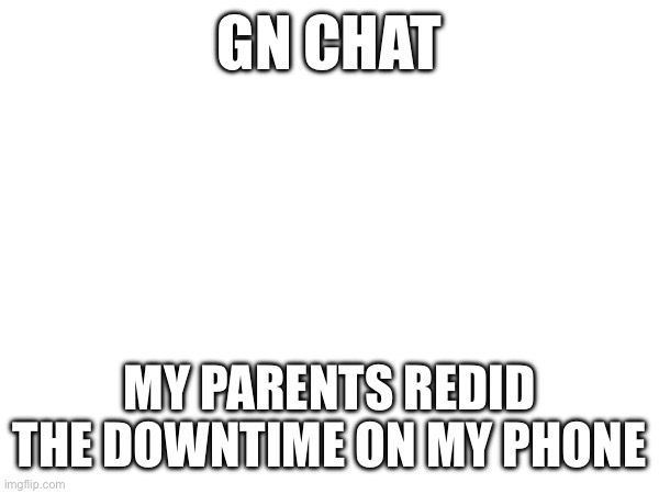 Can we get an F in the chat please | GN CHAT; MY PARENTS REDID THE DOWNTIME ON MY PHONE | image tagged in e | made w/ Imgflip meme maker