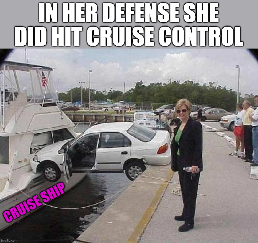 It was a cruise ship | IN HER DEFENSE SHE DID HIT CRUISE CONTROL; CRUISE SHIP | image tagged in eyeroll | made w/ Imgflip meme maker