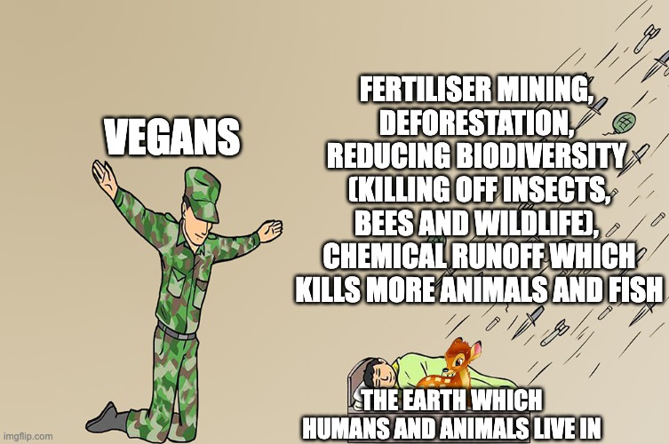 making an informed decision be like | FERTILISER MINING, 
DEFORESTATION, 
REDUCING BIODIVERSITY 
(KILLING OFF INSECTS, BEES AND WILDLIFE), 
CHEMICAL RUNOFF WHICH KILLS MORE ANIMALS AND FISH; VEGANS; THE EARTH WHICH HUMANS AND ANIMALS LIVE IN | image tagged in soilder not protecting child meme,informed,biodiversity,protect earth,vegan,animals | made w/ Imgflip meme maker