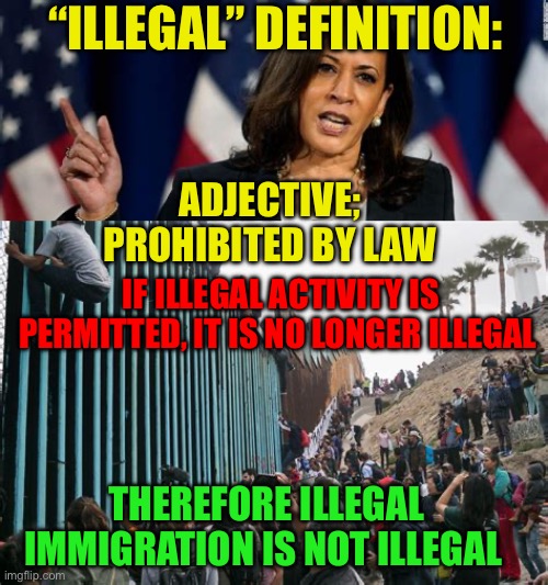 Kamala, illegal is not illegal | “ILLEGAL” DEFINITION:; ADJECTIVE;
PROHIBITED BY LAW; IF ILLEGAL ACTIVITY IS PERMITTED, IT IS NO LONGER ILLEGAL; THEREFORE ILLEGAL IMMIGRATION IS NOT ILLEGAL | image tagged in gifs,kamala harris,democrats,illegal immigration,radical | made w/ Imgflip meme maker