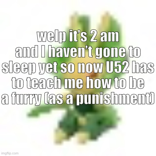btw bye chat | welp it’s 2 am and I haven’t gone to sleep yet so now U52 has to teach me how to be a furry (as a punishment) | image tagged in 144p leavanny | made w/ Imgflip meme maker
