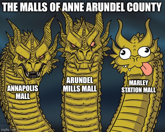 The malls of Anne Arundel County | THE MALLS OF ANNE ARUNDEL COUNTY; ARUNDEL MILLS MALL; MARLEY STATION MALL; ANNAPOLIS MALL | image tagged in three-headed dragon | made w/ Imgflip meme maker