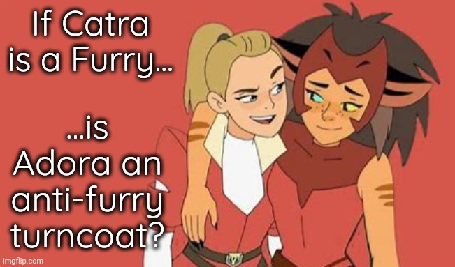 An Anti-furry Turncoat | If Catra is a Furry... ...is Adora an anti-furry turncoat? | image tagged in she-ra,furry,anti furry | made w/ Imgflip meme maker