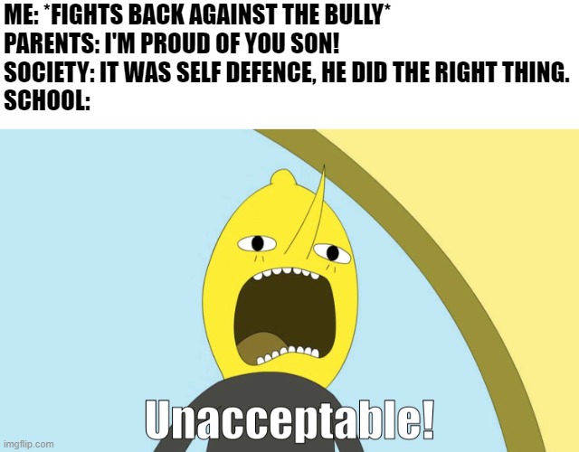 When the school favours the bully, you know it has terrible environment | ME: *FIGHTS BACK AGAINST THE BULLY*
PARENTS: I'M PROUD OF YOU SON!
SOCIETY: IT WAS SELF DEFENCE, HE DID THE RIGHT THING.
SCHOOL: | image tagged in unacceptable,memes,school,bully,school sucks | made w/ Imgflip meme maker